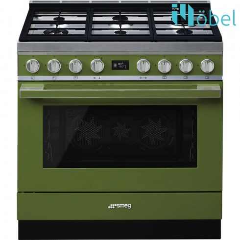 SMEG szabadonálló cooker, 90 cm, gáz főzőlappal, 115 l sütőtér, pirolitikus tisztítás, LCD kijelző, 6 gázégő, Portofino design, olívazöld