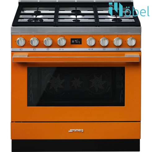 SMEG szabadonálló cooker, 90 cm, gáz főzőlappal, 115 l sütőtér, pirolitikus tisztítás, LCD kijelző, 6 gázégő, Portofino design, narancssárga