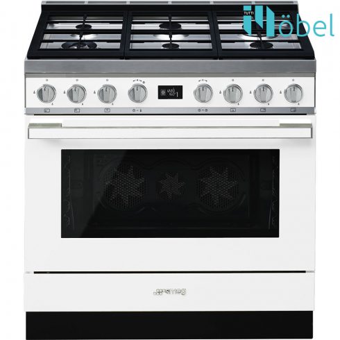 SMEG szabadonálló cooker, 90 cm, gáz főzőlappal, 115 l sütőtér, pirolitikus tisztítás, LCD kijelző, 6 gázégő, Portofino design, fehér